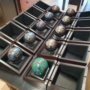 Polished spheres presented in their custom-made sheoak boxes